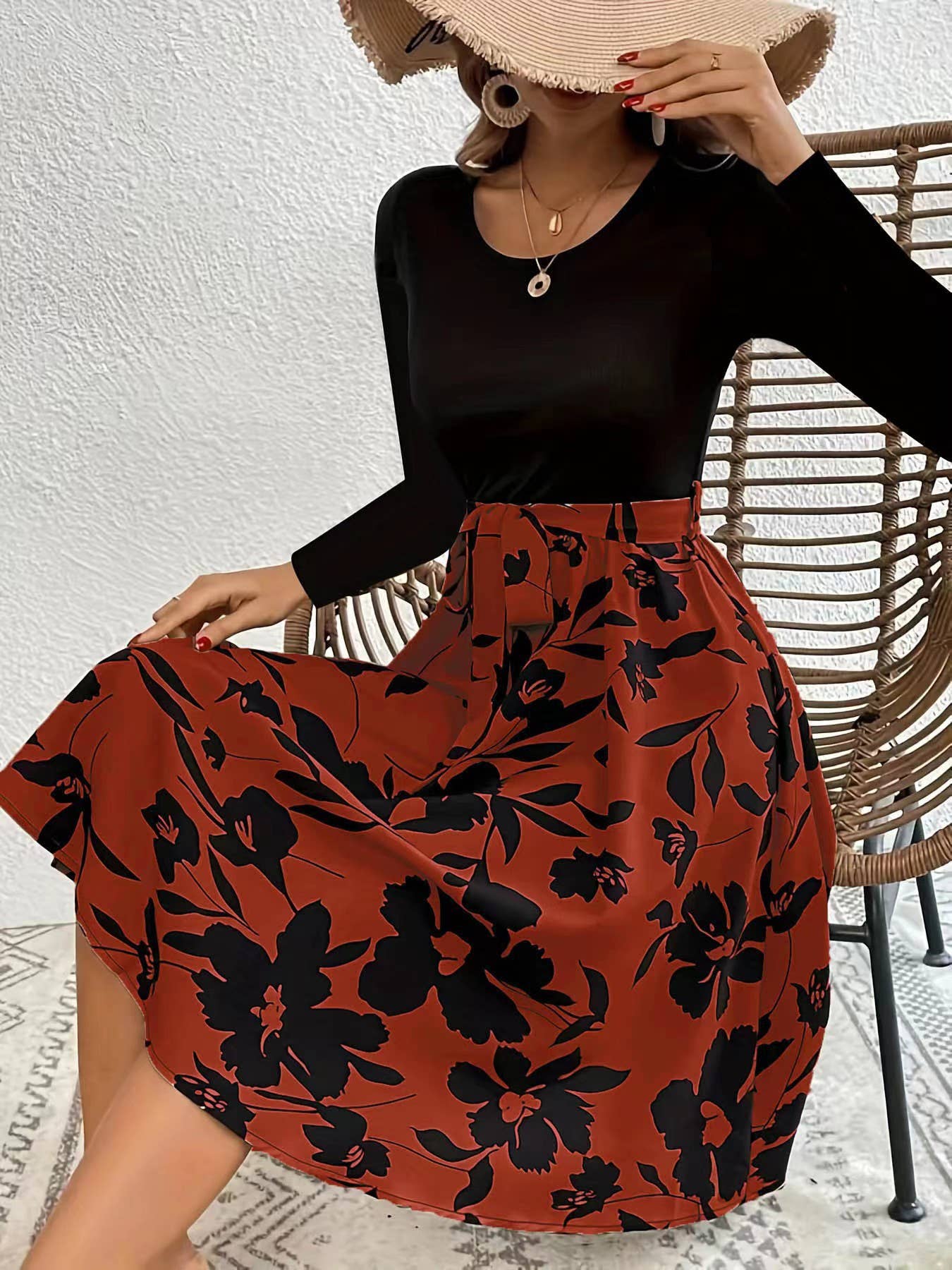 PRINTED SKIRT CREW NECK STRAPPY DRESS