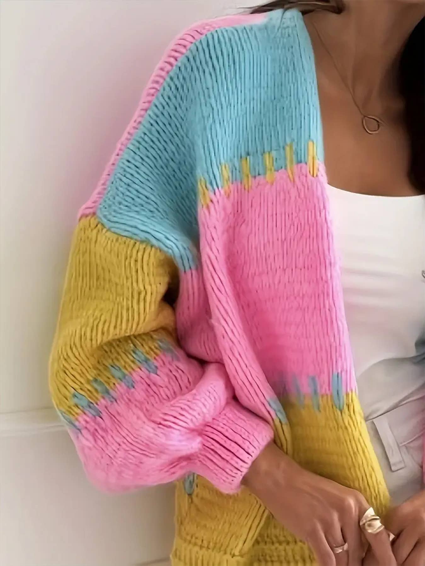 Lantern sleeves color-blocking knit cardigan