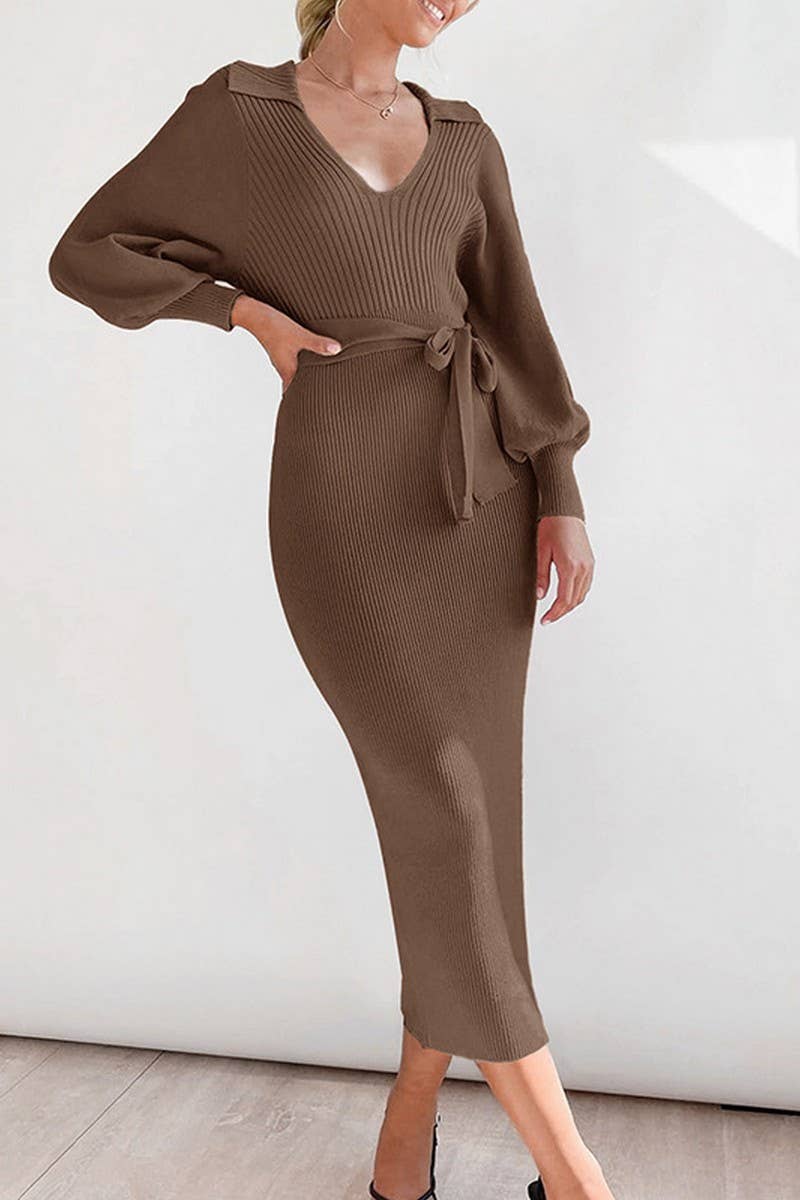 CWDMD01035_VINTAGE LANTERN SLEEVE V NECK KNIT SWEATER DRESS