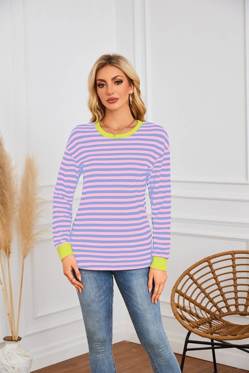 STRIPED CREW-NECK LONG-SLEEVED PULLOVER HOODIE