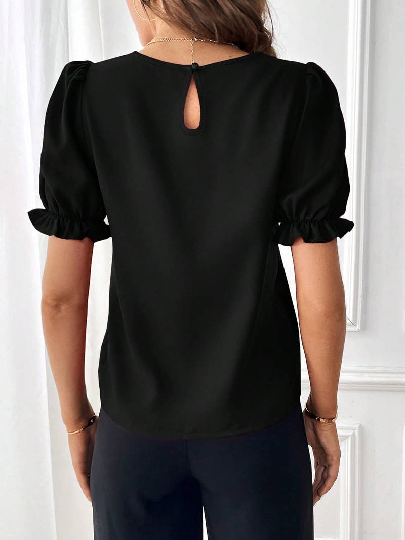 Stylish solid color puffed sleeve crew-neck shirt