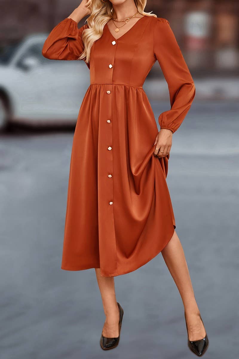CWDMD5032_TEMPERAMENT BUTTONED V-NECK SHIRT DRESS