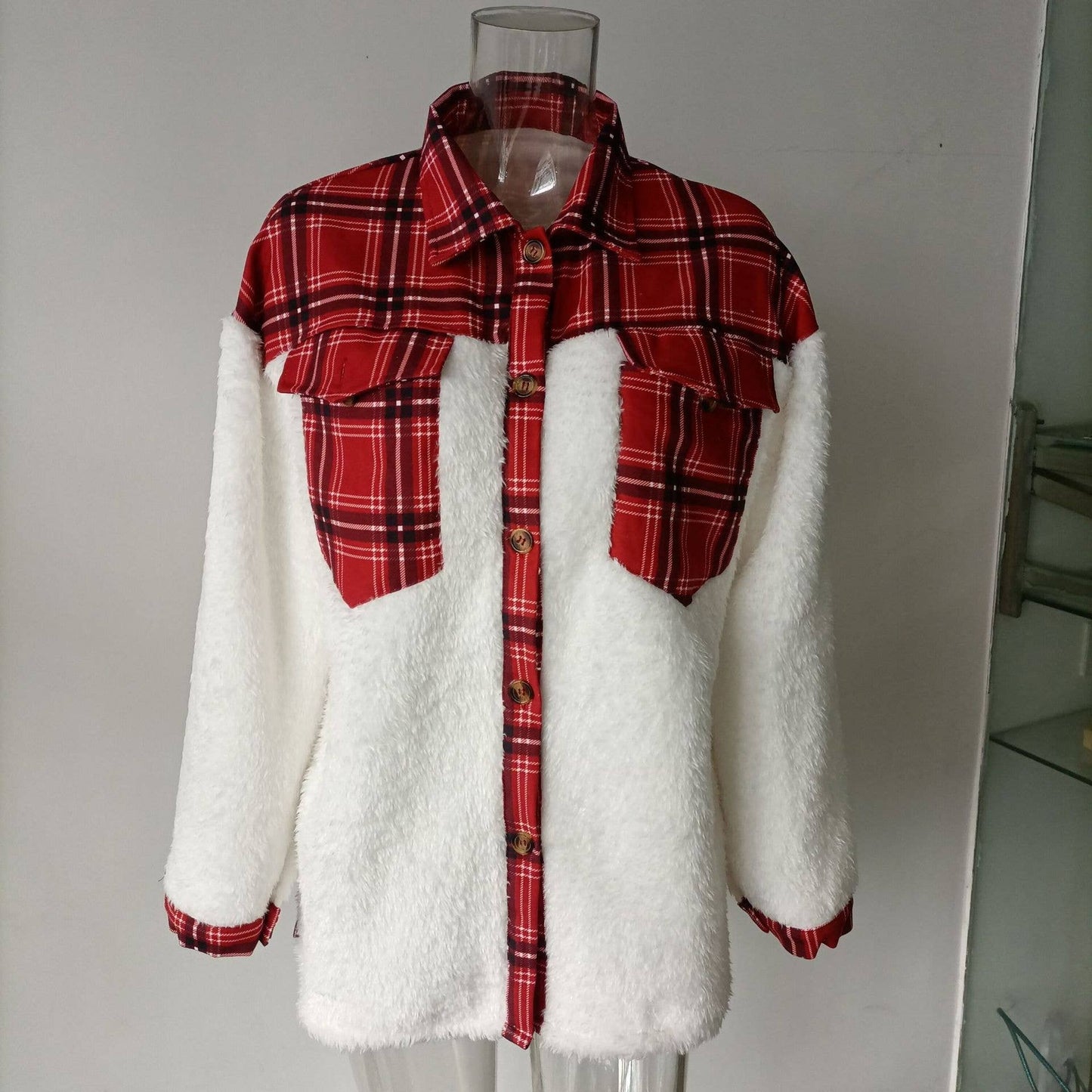LAPEL LEOPARD PLAID PRINT FLEECE PATCHWORK COAT