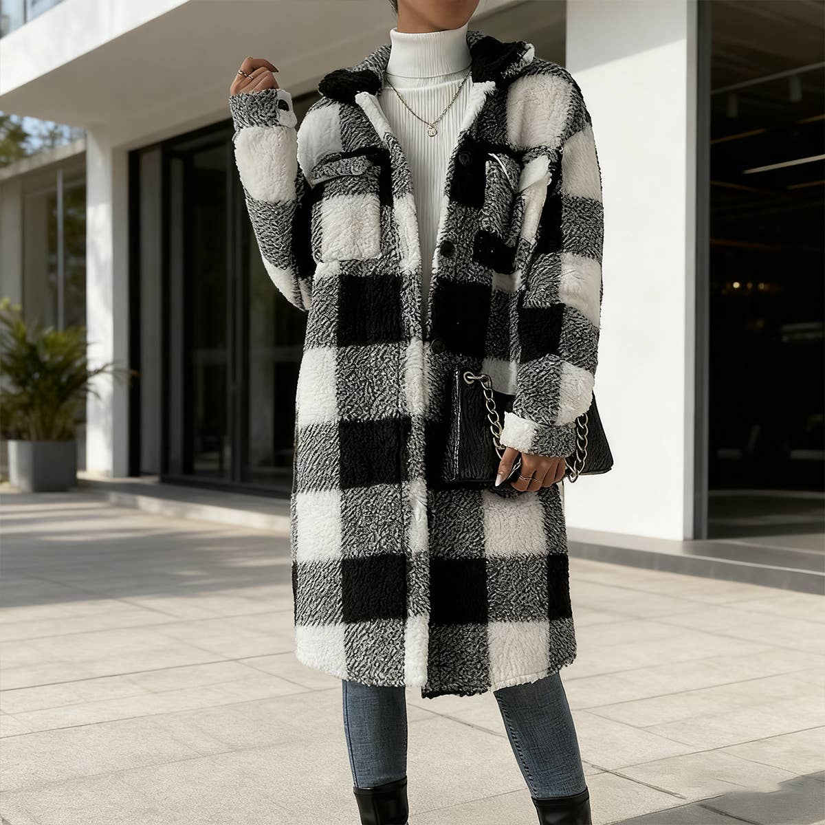 Double-sided plush checkered long lapel cardigan