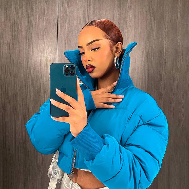 Simple casual high neck zipper cropped quilted jacket