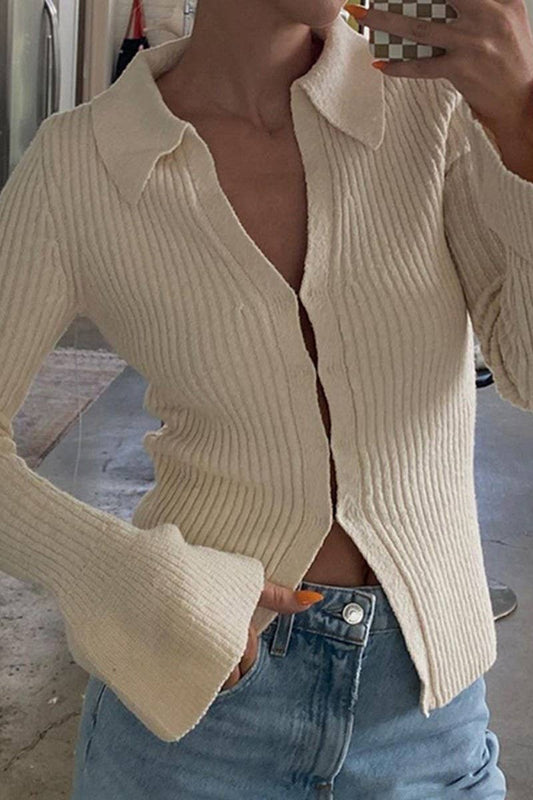 CWOCAL2221_SOLID COLOR LAPEL BELL SLEEVE KNIT CARDIGAN TOP