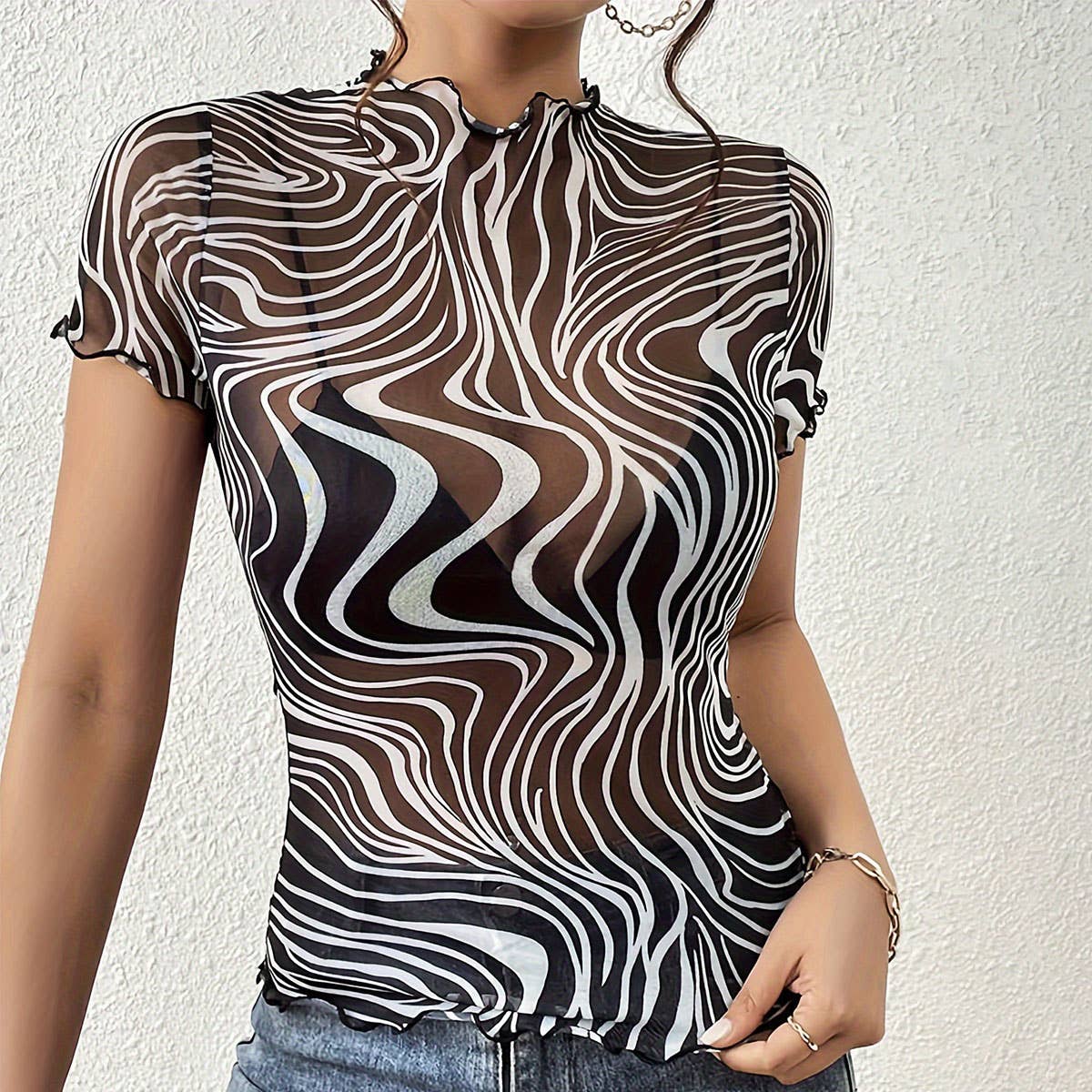 BLACK WHITE STRIPED SEMI SHEER MESH SHORT TOP_CWTBLS1511