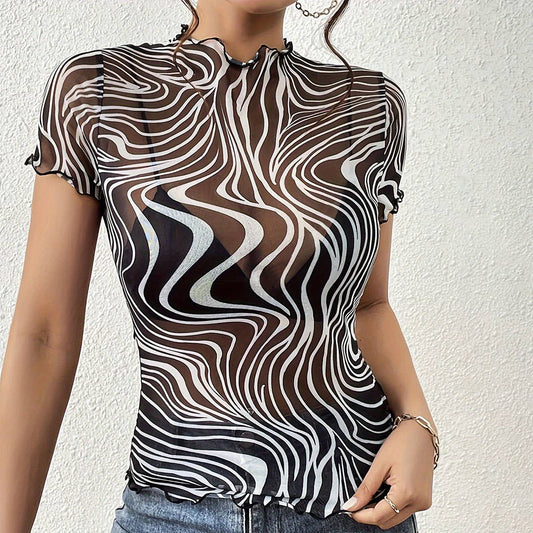 BLACK WHITE STRIPED SEMI SHEER MESH SHORT TOP_CWTBLS1511