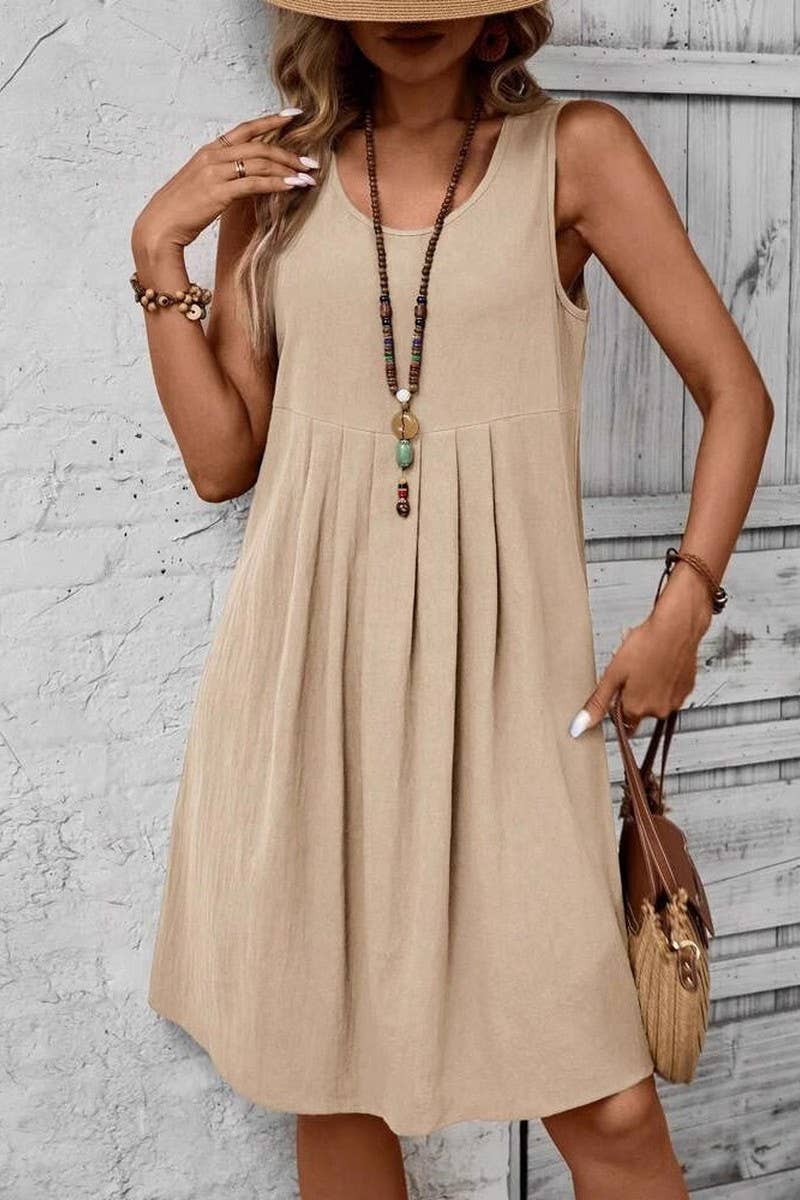 CWDSD10558_SLEEVELESS ROUND NECK CASUAL SOLID COLOR DRESS