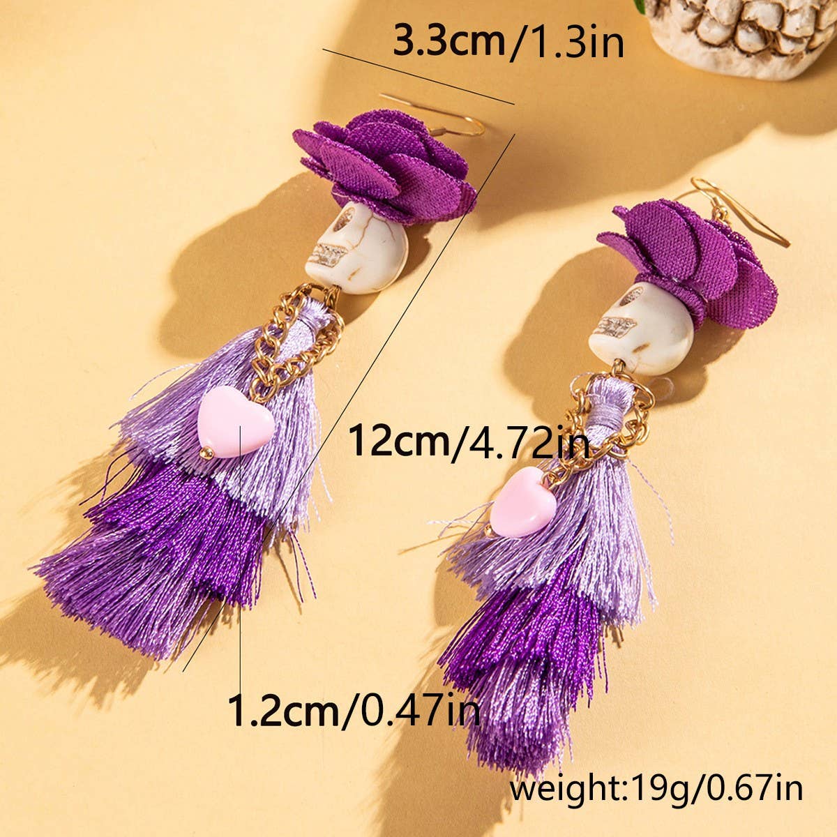 CWAJE2507_HALLOWEEN SKULL TASSEL RICE BEAD EARRINGS