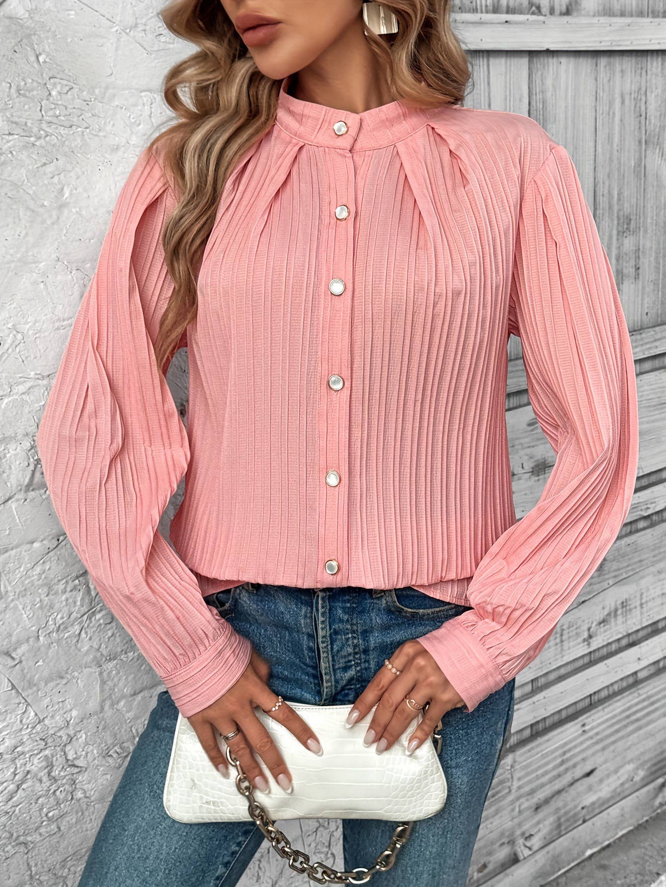 Solid-color single-breasted long-sleeved top