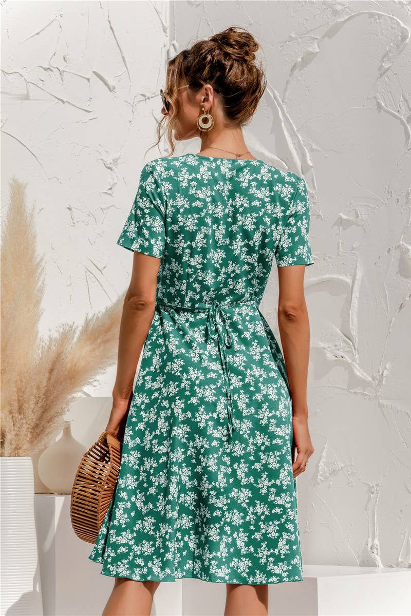 SEXY V NECK LACE UP FLORAL DRESS_CWDSD2629