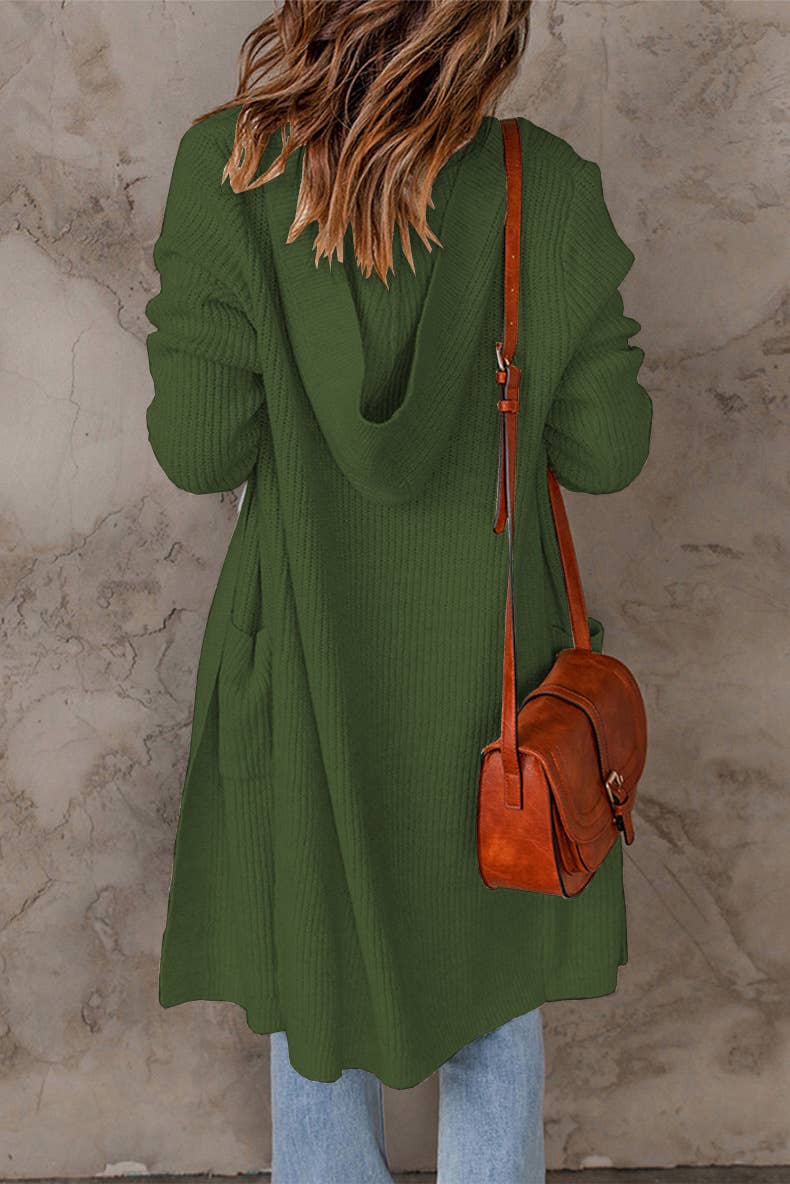 Solid-color hooded long knitted coat