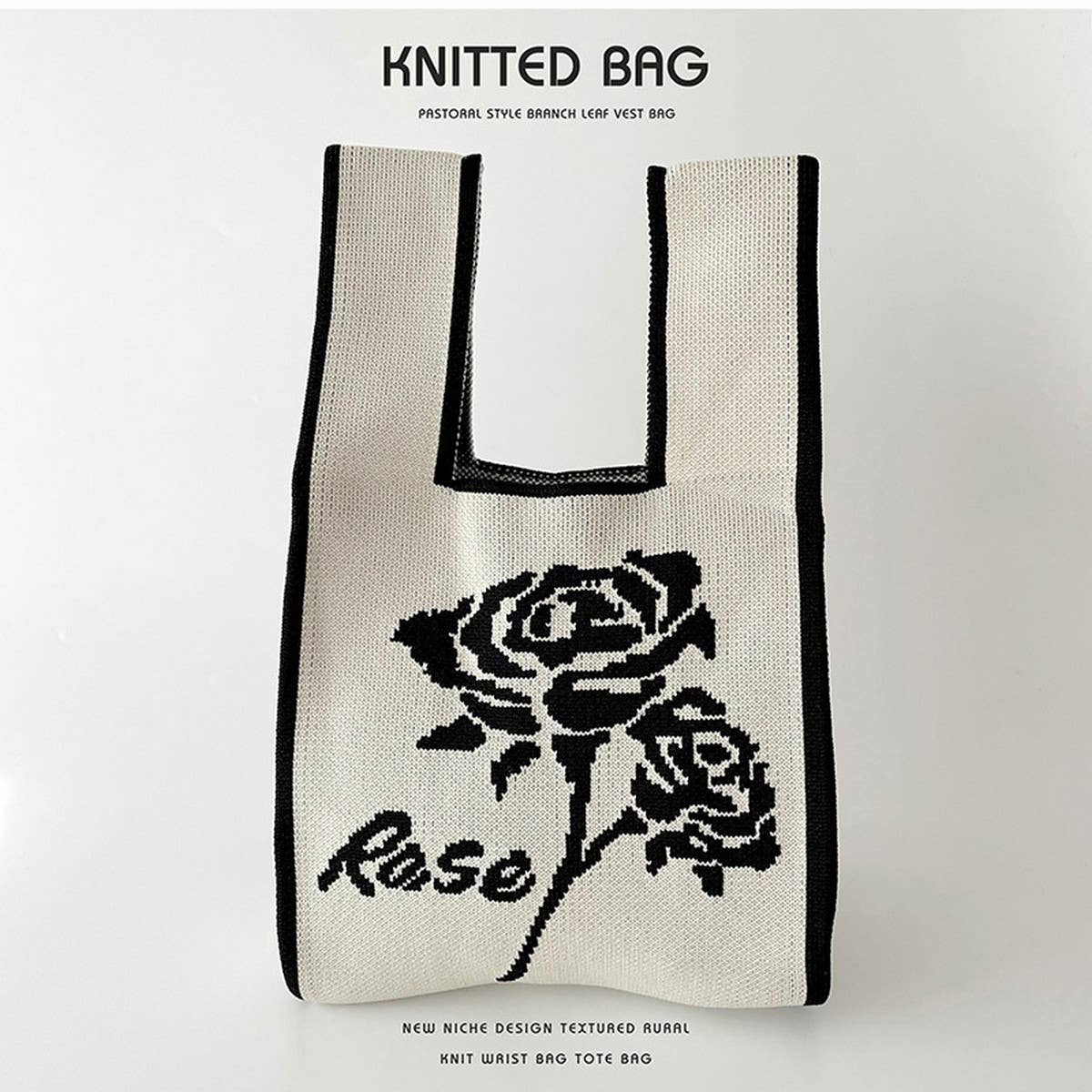 BLACK AND WHITE ROSE KNITTED SHOULDER TOTE BAG_CWAB1518