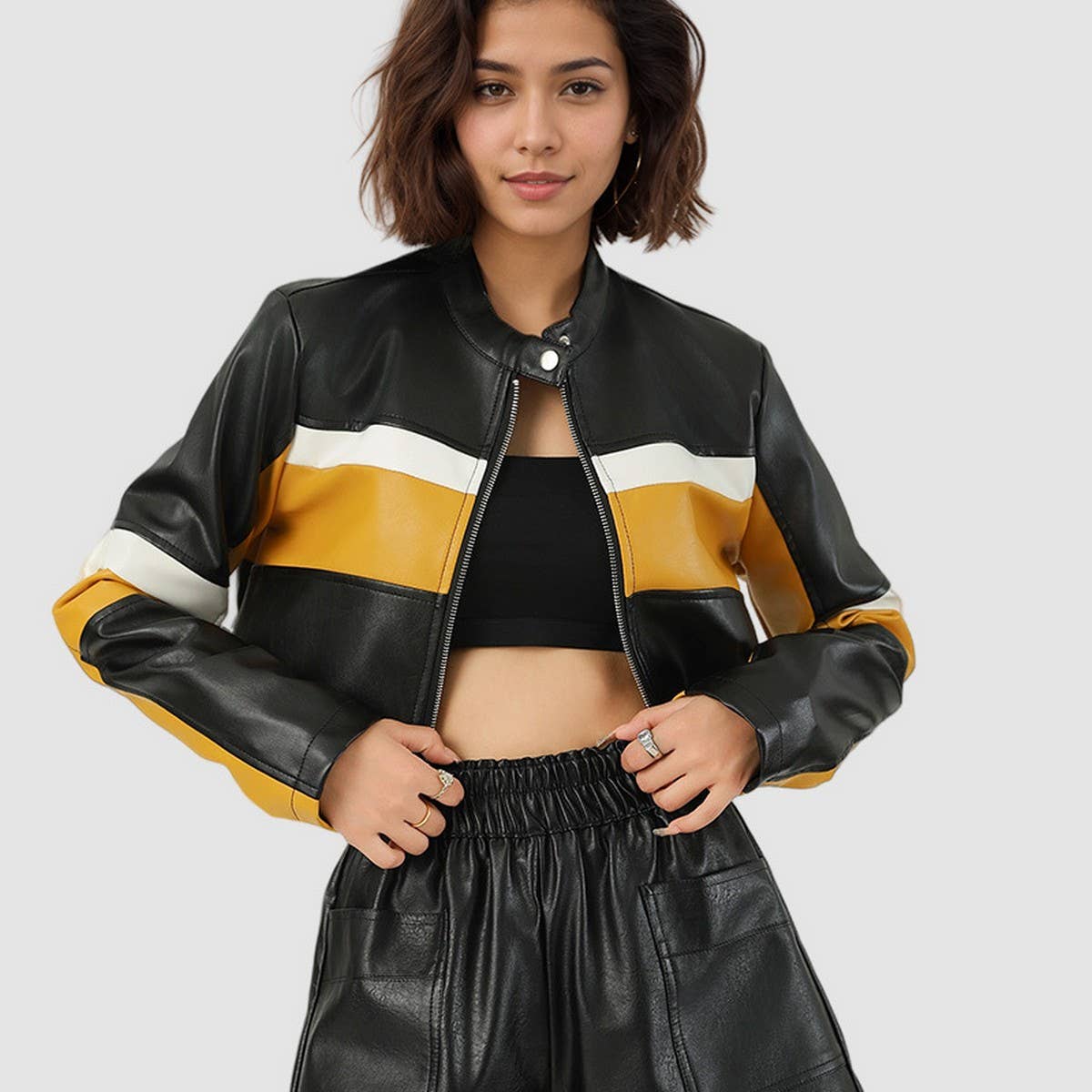 Colorblock PU Biker Jacket?Sexy Slim Stand Collar