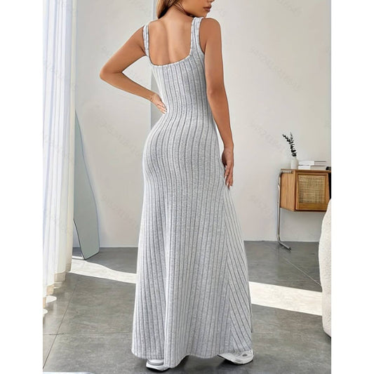 WOMEN'S SOLID COLOR HALTER STRIPED SLIM DRESS_CWDMD1401