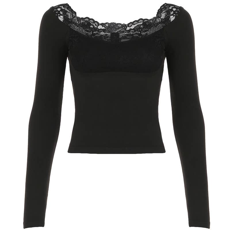 U-neck slim fit lace patchwork long sleeve Top