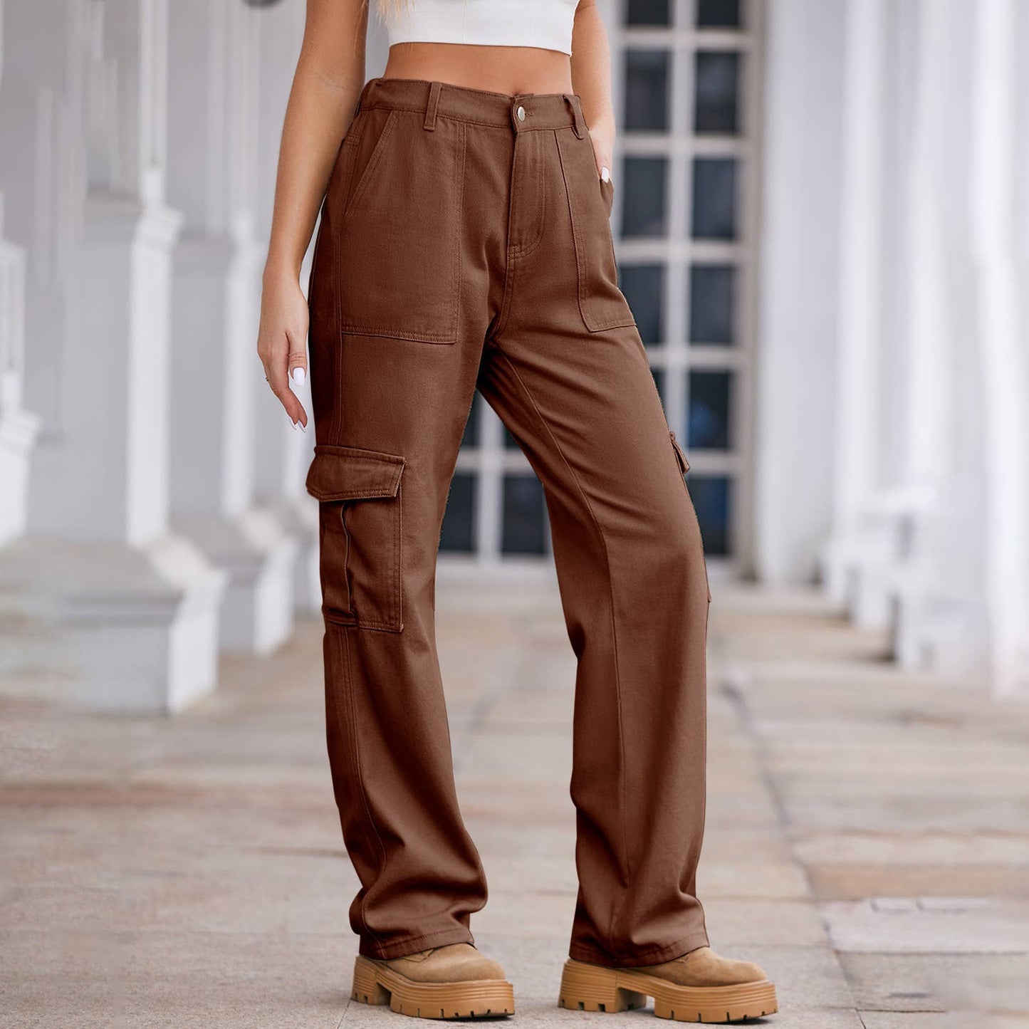 WASHED SEMI-ELASTIC-WAISTED DENIM CARGO PANTS