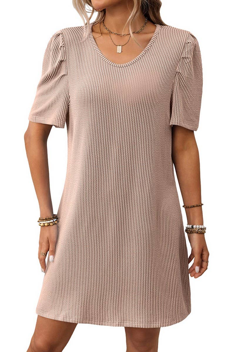 CWDSD7272_CONTRAST TWIST STRIPE PUFF SLEEVE MIDI DRESS