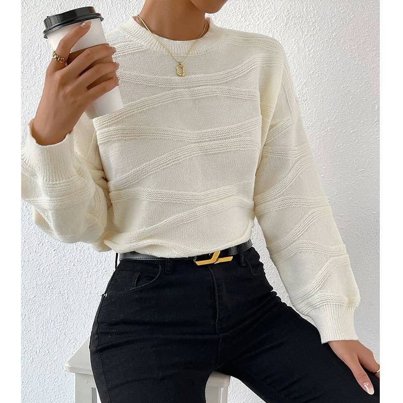 SOLID COLOR CORRUGATED CREW NECK PULLOVER SWEATER