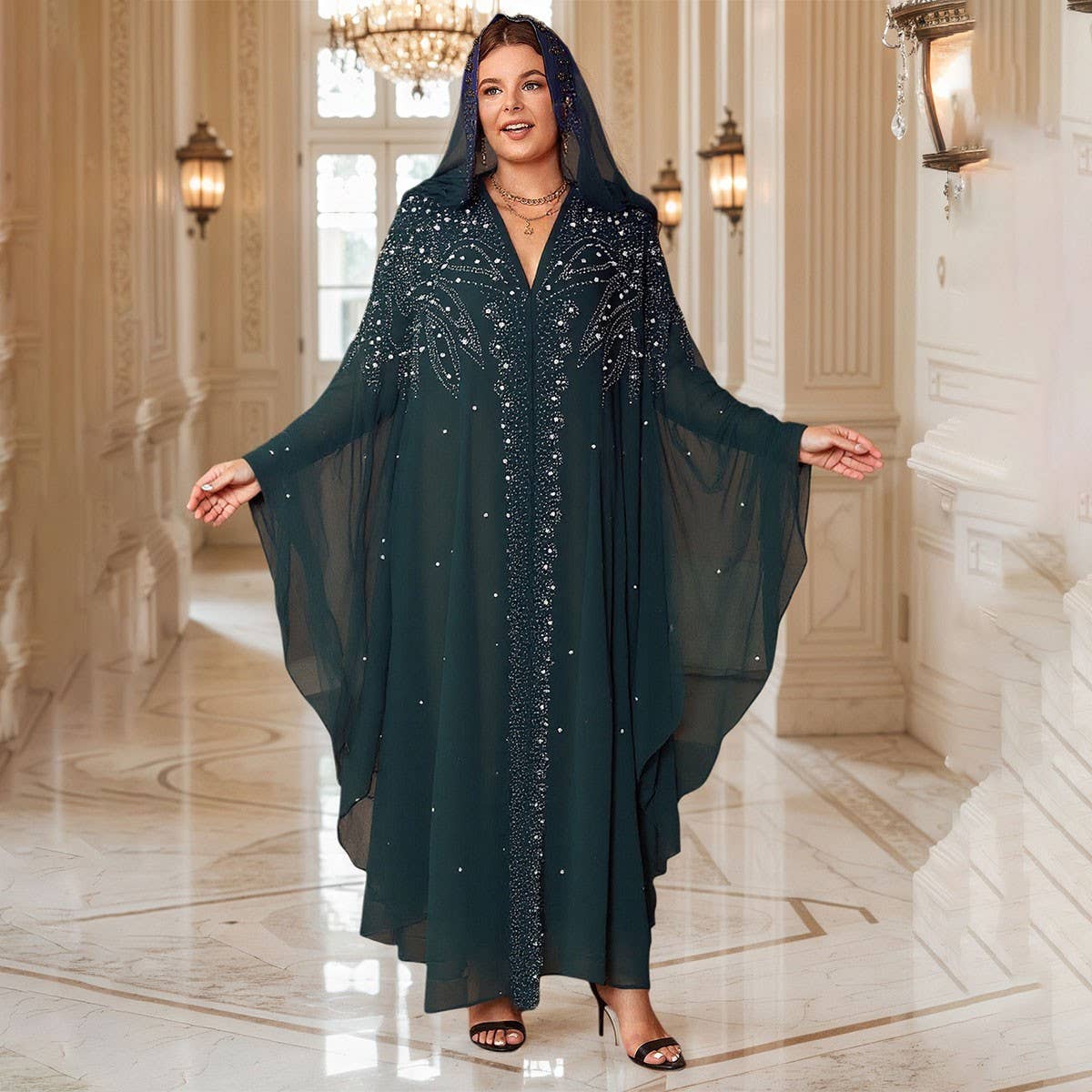 African Beaded Long Robe Muslim Cape Hooded Dress_CWMM6138