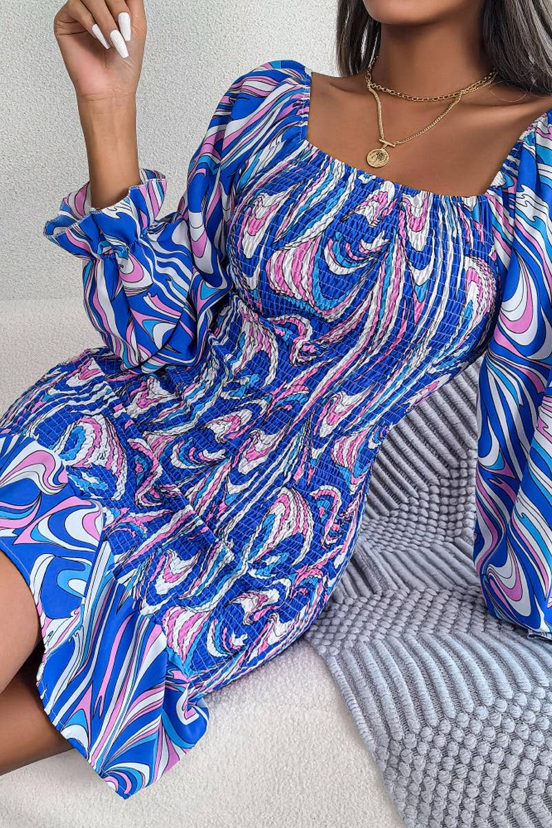 CWDMD4717_SEXY SQUARE NECK LONG SLEEVE RUFFLED HIP DRESS