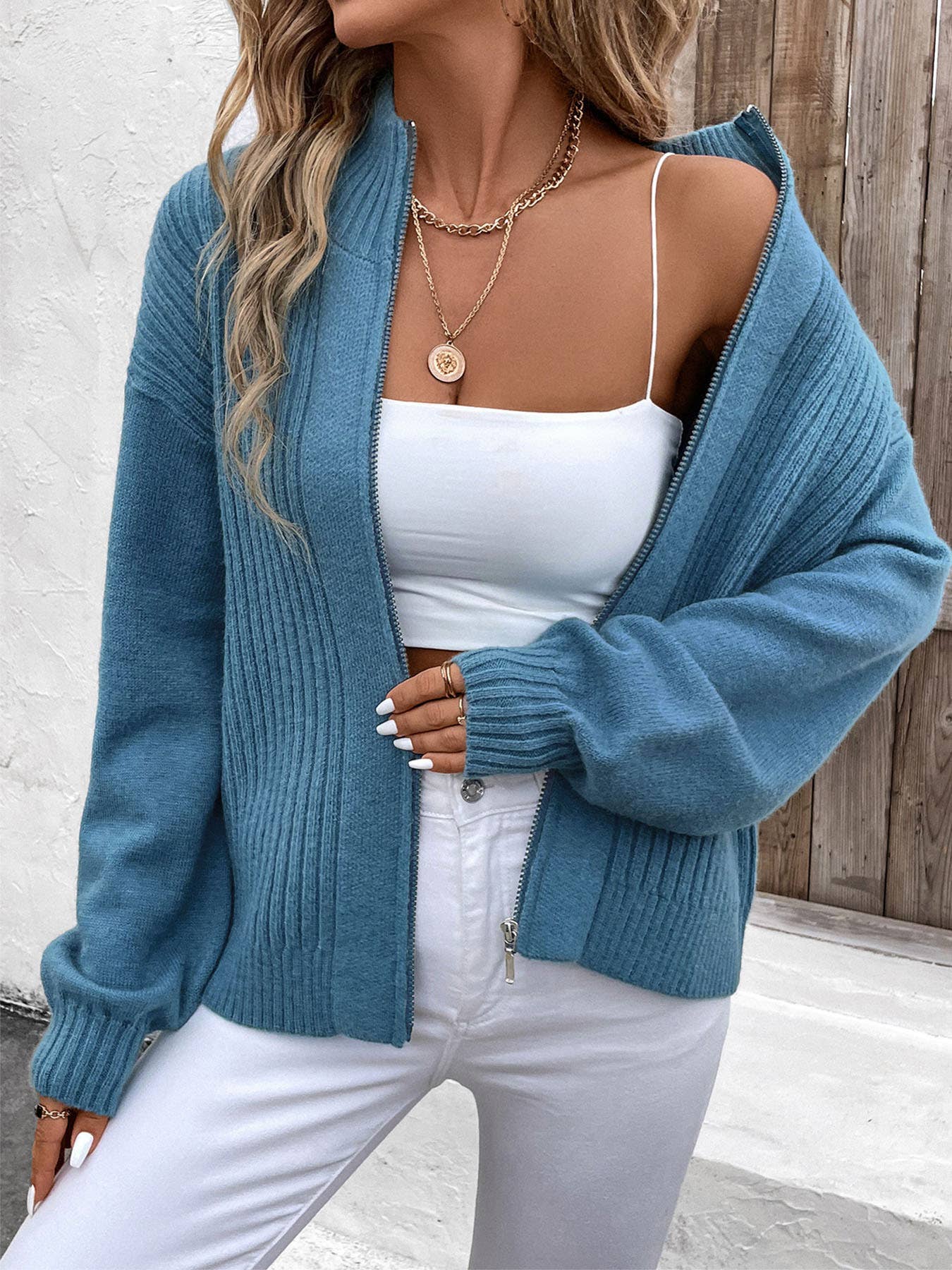 Stand-up collar solid-color zipper cardigan