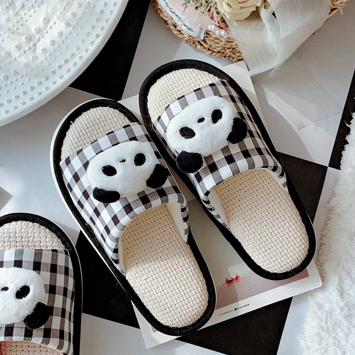 NEW CUTE PANDA LINEN SLIPPERS FOR WOMEN AT HOME