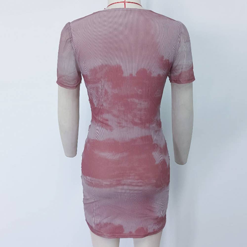 Mesh Ink Print V-Neck Bodycon Waist Dress