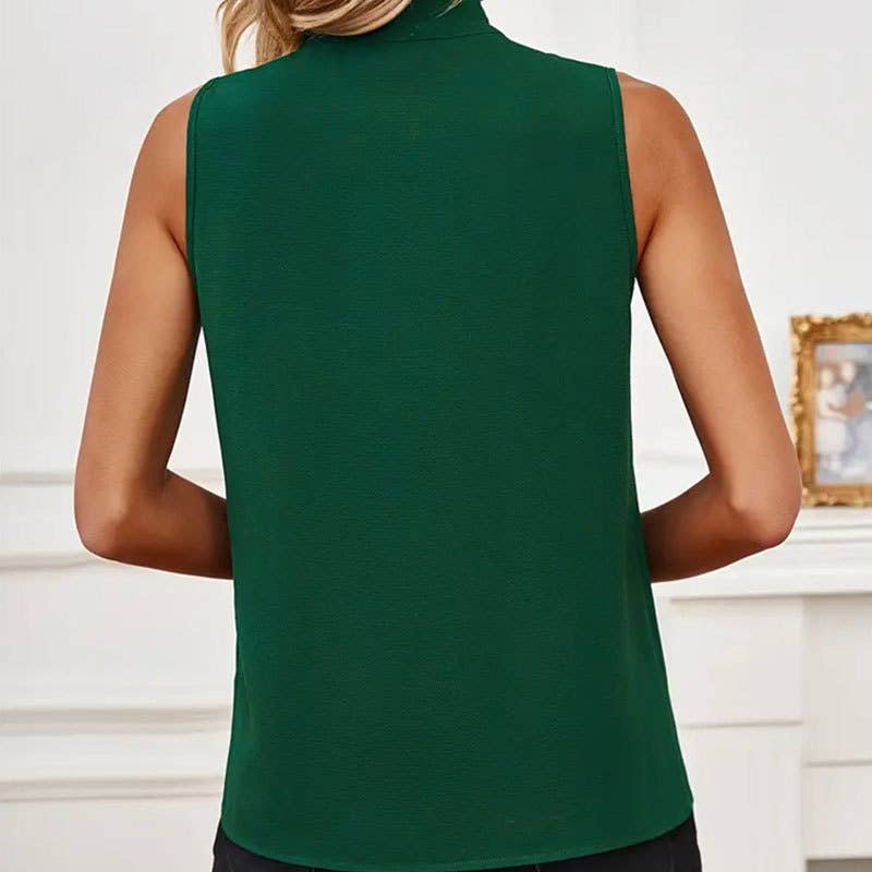 SLEEVELESS BLOUSE WITH STAND COLLAR AND BOW TIE