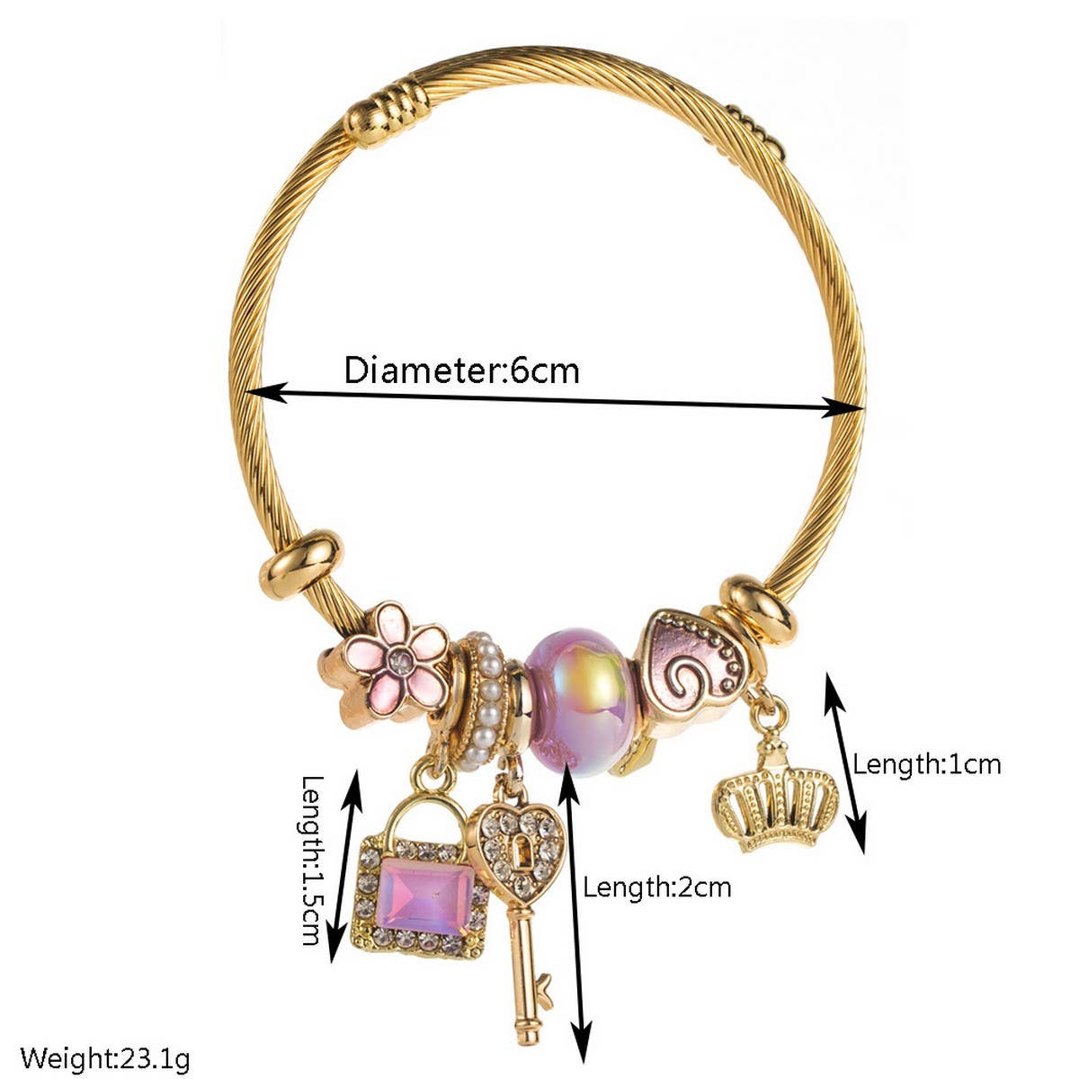 Adjustable Gold Bracelet with Crown, Key & Heart_CWMM8565