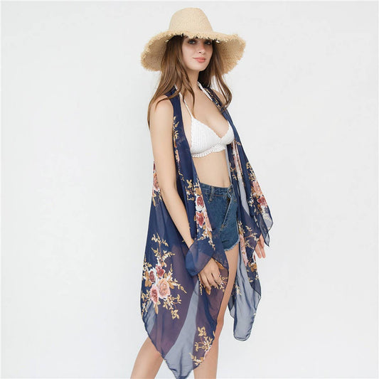 FLORAL PRINT FRONT OPEN KIMONO FOR SLEEVELESS