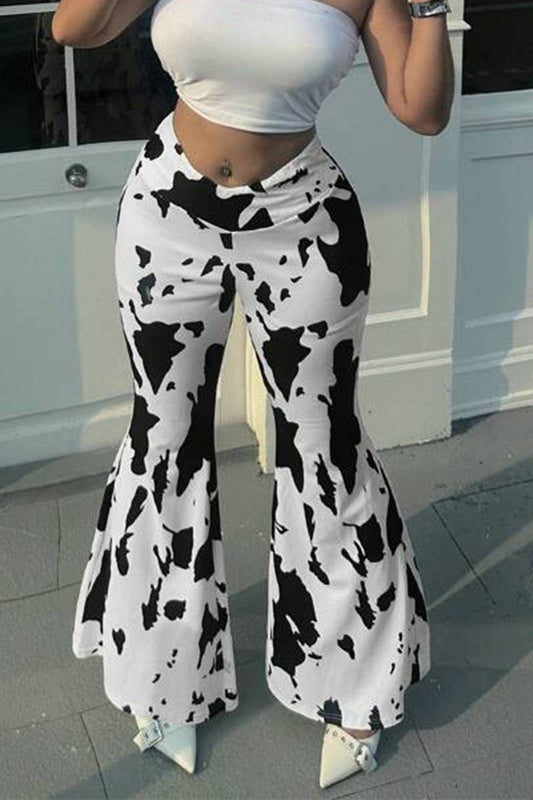 CWBLP1734_COW PRINT HIGH WAIST FLARED CASUAL TROUSERS