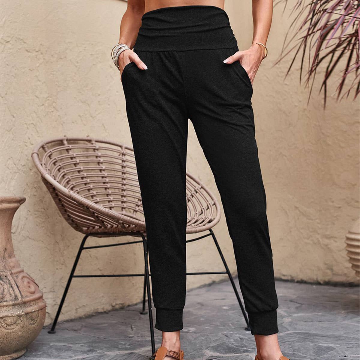 Knit casual pants high-waisted slim niners for women