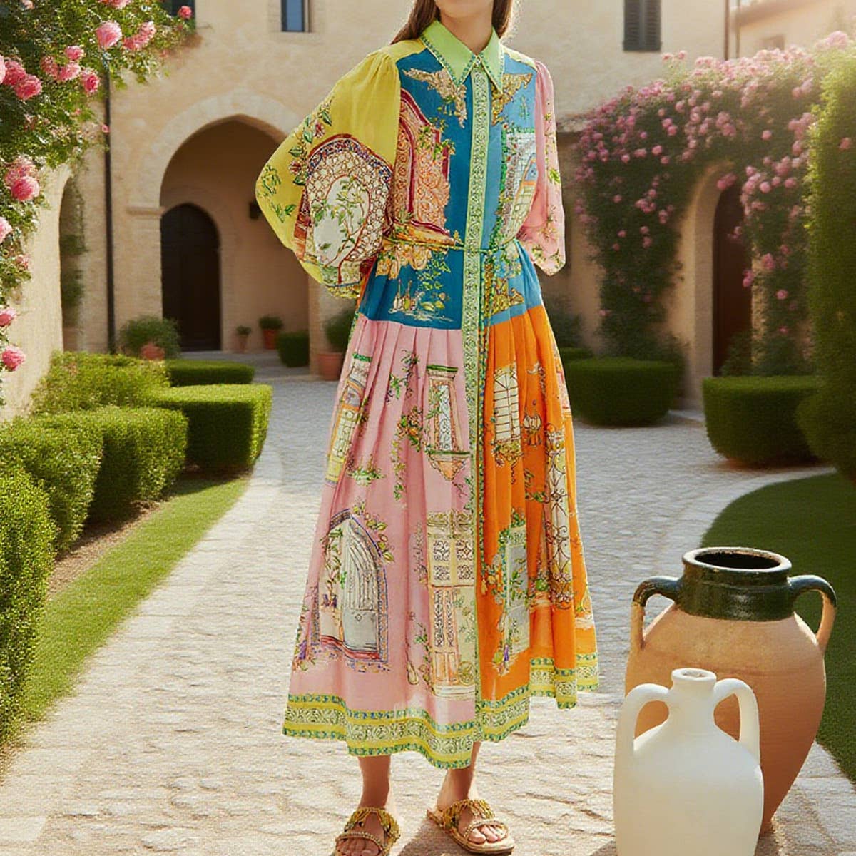 Lantern-sleeved graffiti printed lace-up dress