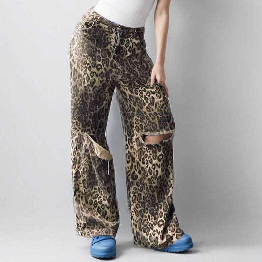 WOMENS LEOPARD PRINT DISTRESSED LOOSE FITTING JEANS