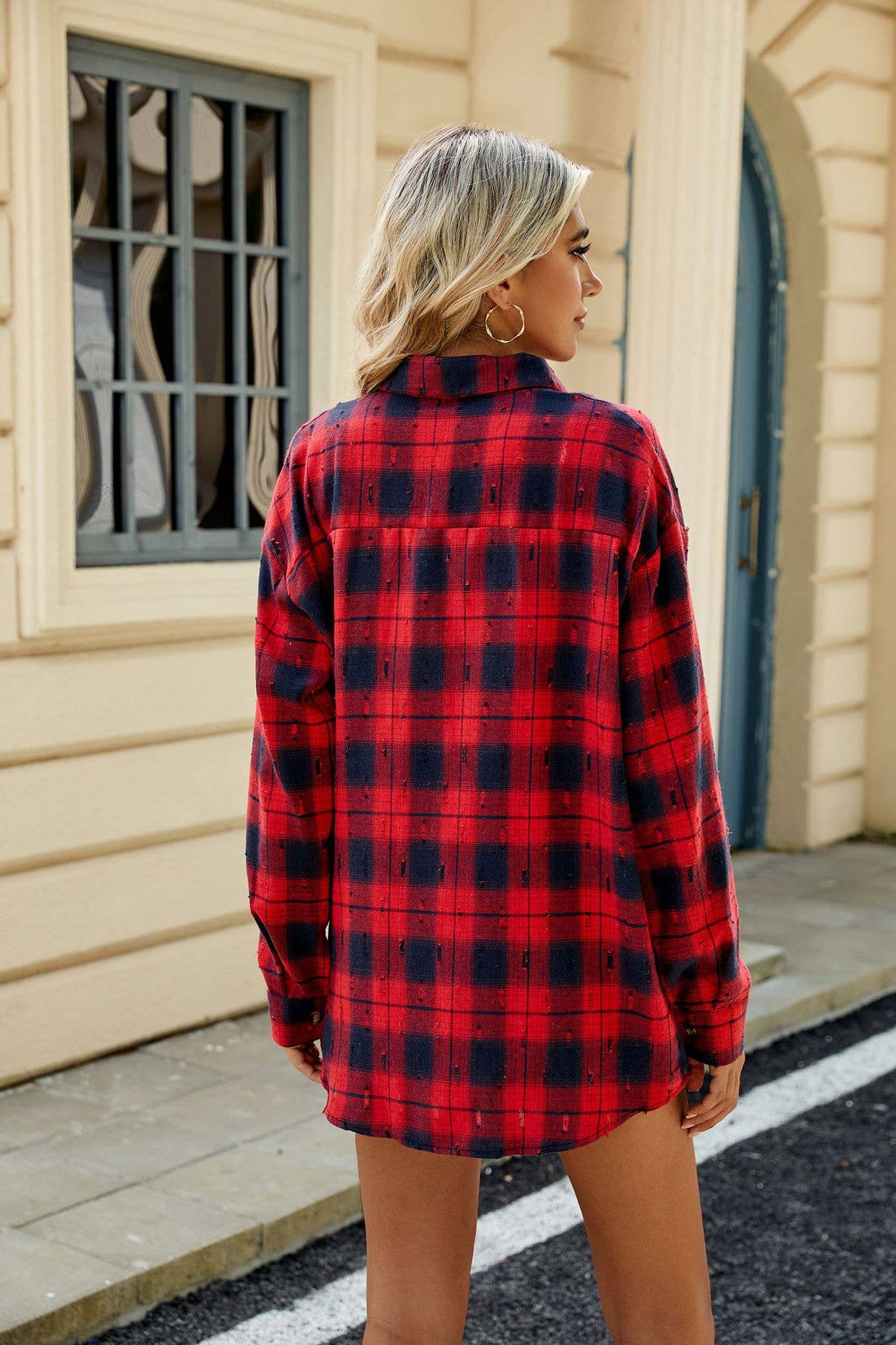 VINTAGE CROCHETED LONG-SLEEVED LAPEL PLAID SHIRT