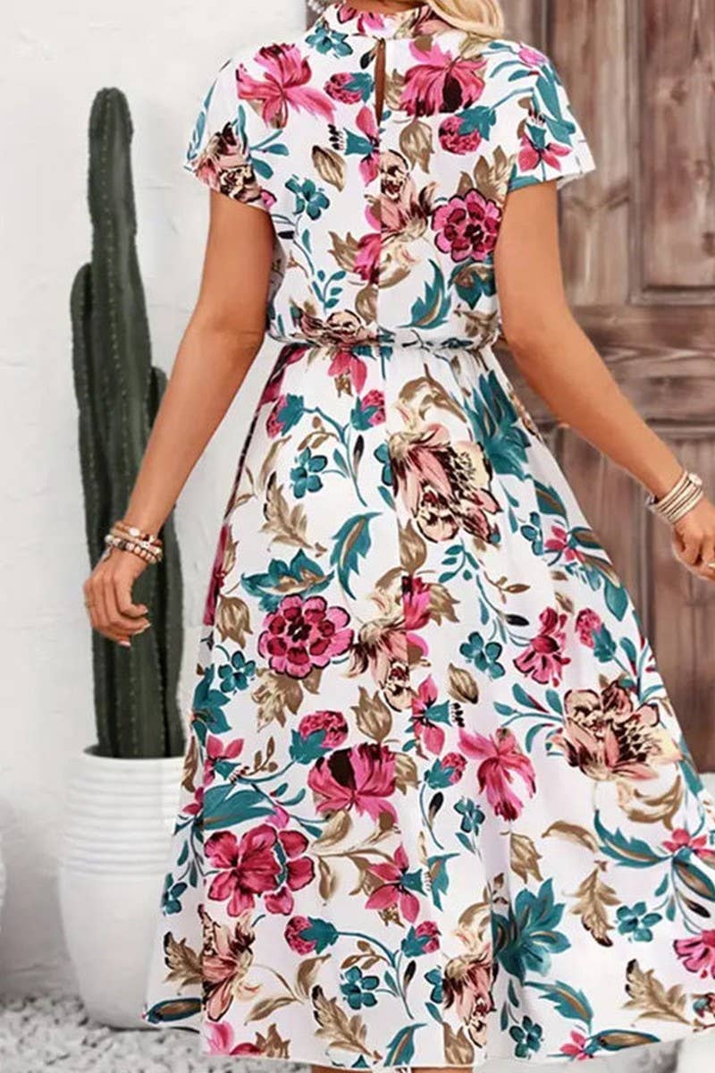 CWDMD5079_SUMMER LOOSE SHORT-SLEEVED FLORAL MIDI DRESS