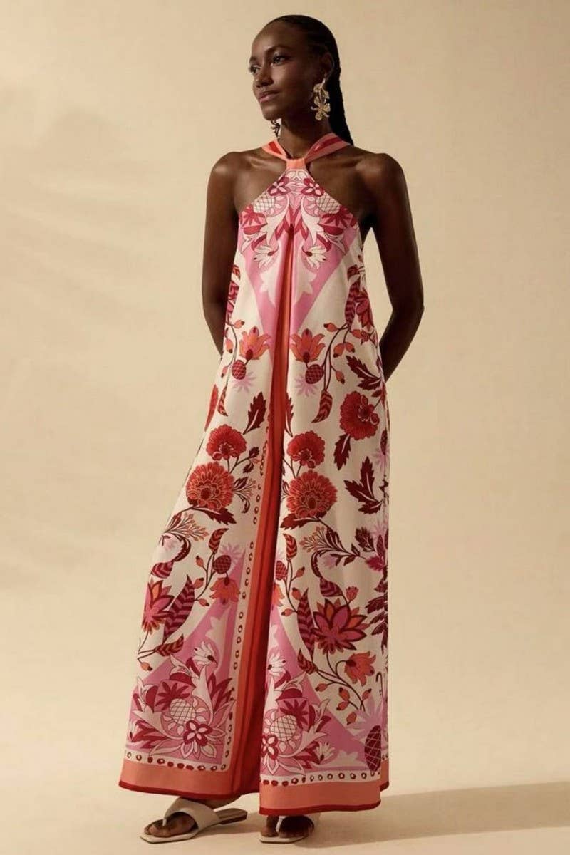 CWBLP2033_FLORAL HALTER SLEEVELESS WIDE LEG PANTS