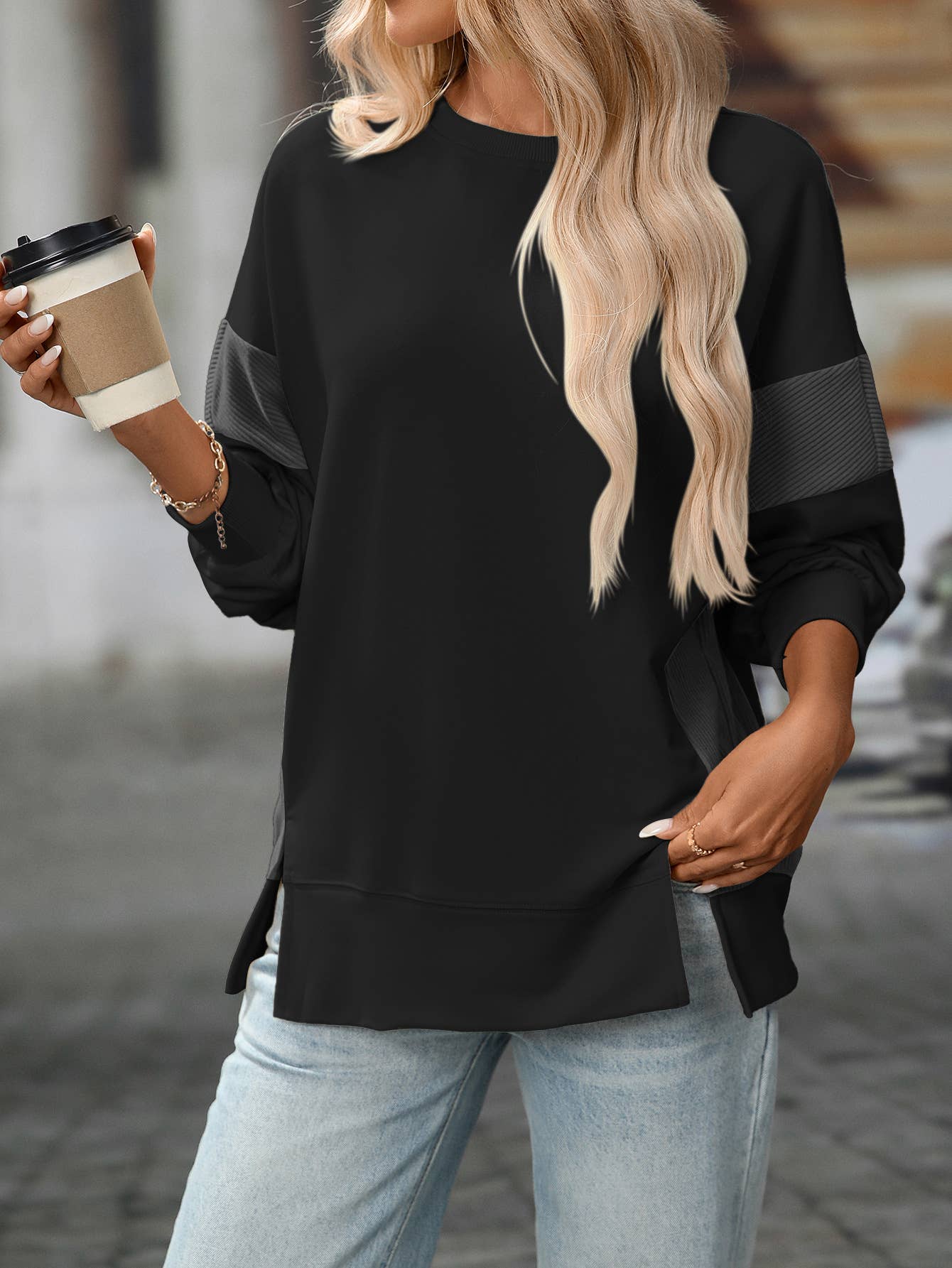 Round-neck,color-blocked,casual loose hoodie