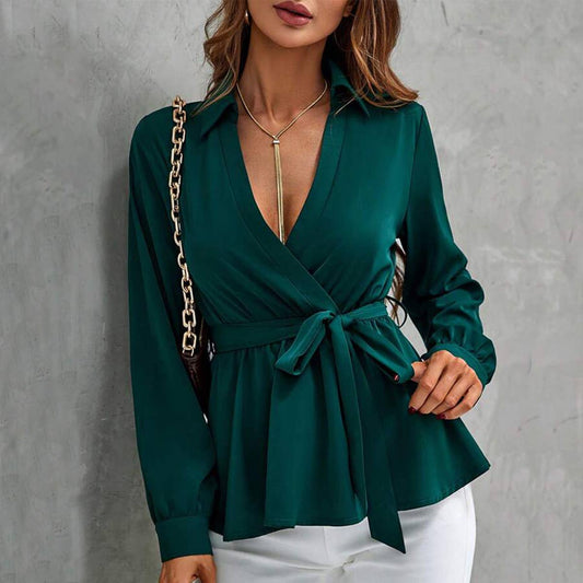 SOLID COLOR BELTED WRAP BELTED RUFFLED SHIRT
