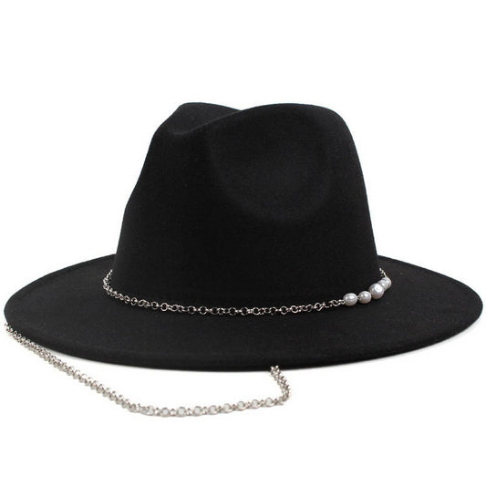 SIMPLE CHAIN PEARL STYLE FASHIONABLE PANAMA HAT_CWAH1892