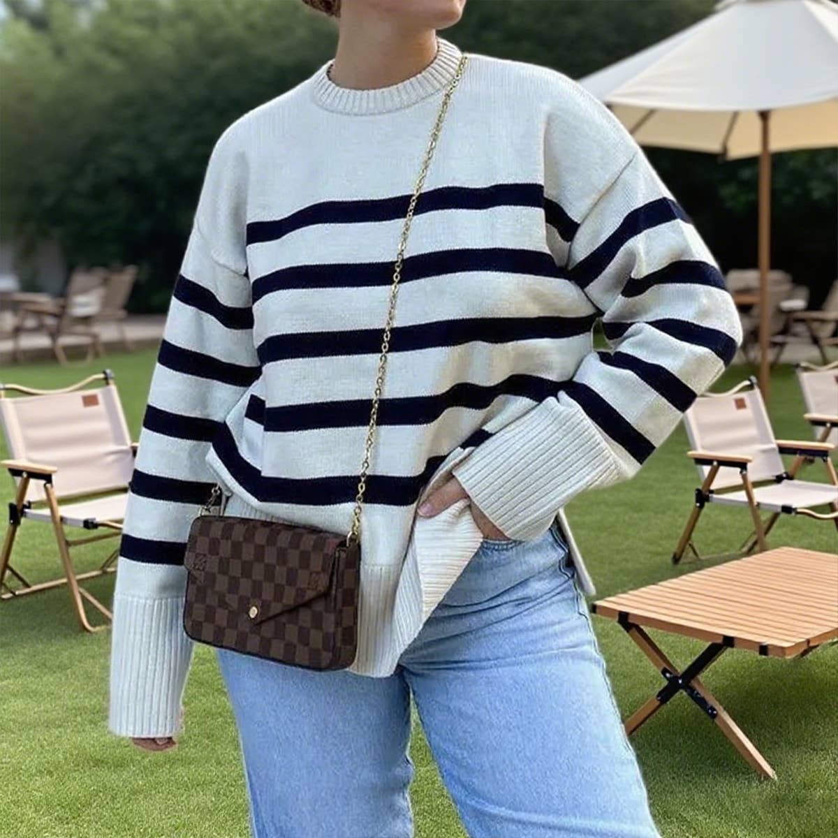 Striped long-sleeved round-neck knitted sweater