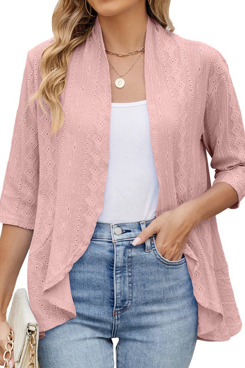 CWOCAL2309_SOLID RUFFLE HEM 3/4 SLEEVE CASUAL CARDIGAN