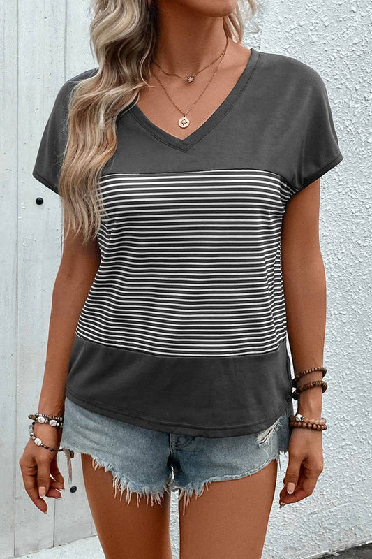 Cwtts1293_Summer Casual V-Neck Flying Sleeve Striped T-Shirt