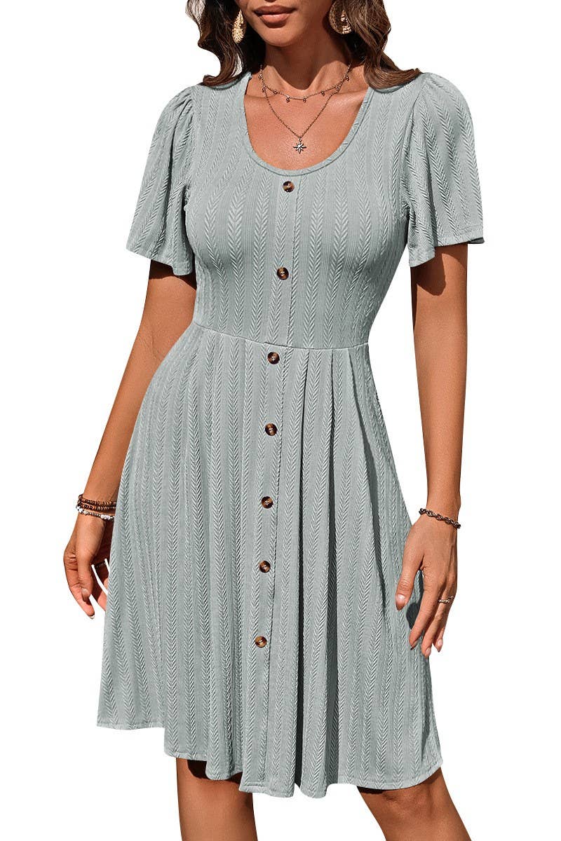 CWDSD6685_ROUND NECK BUTTON STRETCH SHORT SLEEVE DRESS