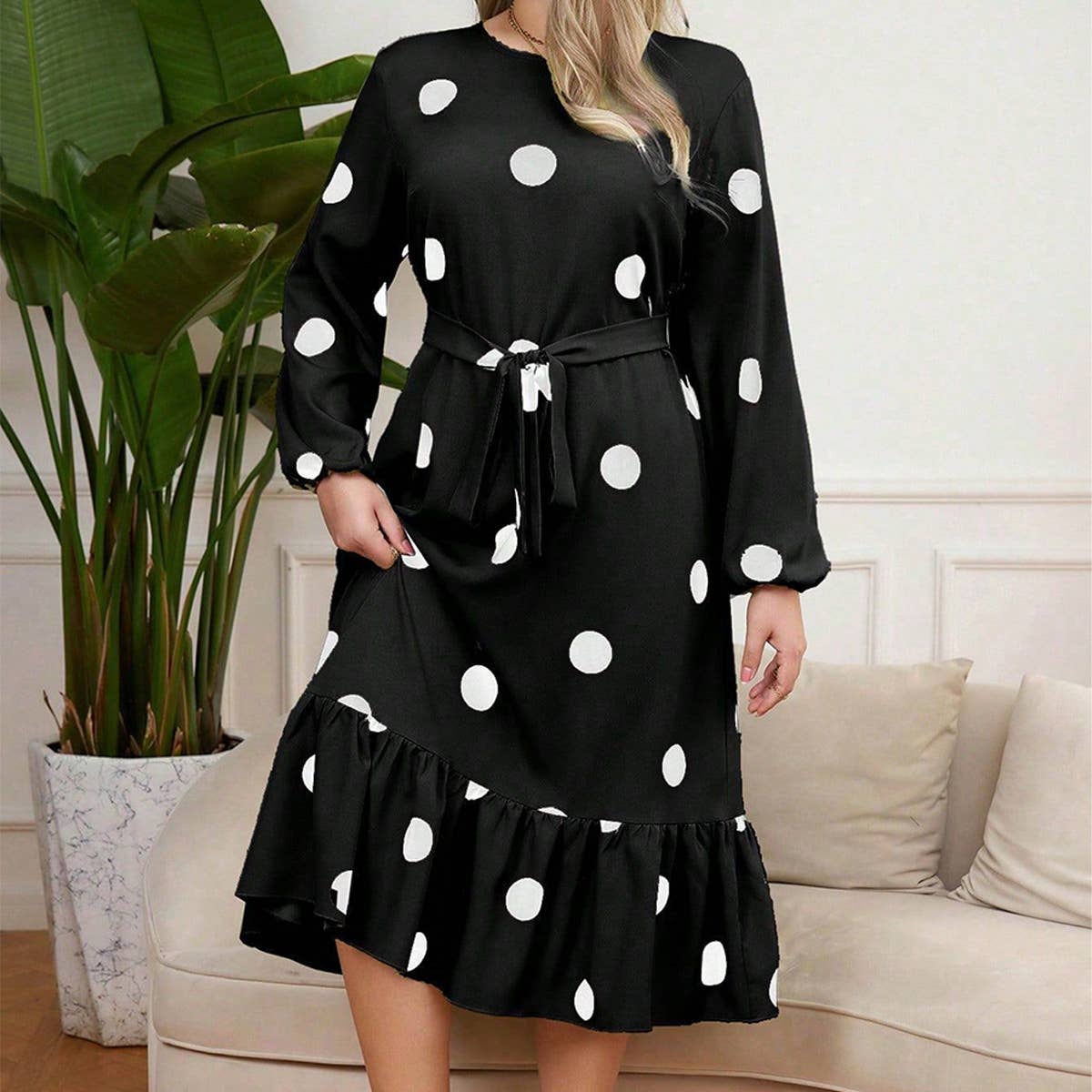 Slim Fit Polka Dot Long Sleeve Ruffle Dress_CWDSD8478