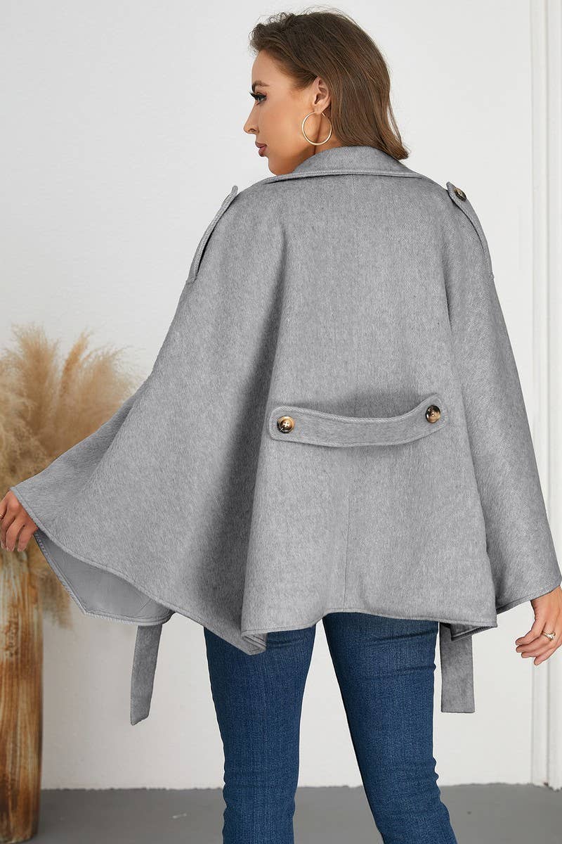 CWOCO0941_SOLID COLOR BELTED LAPEL CAPE TWEED COAT