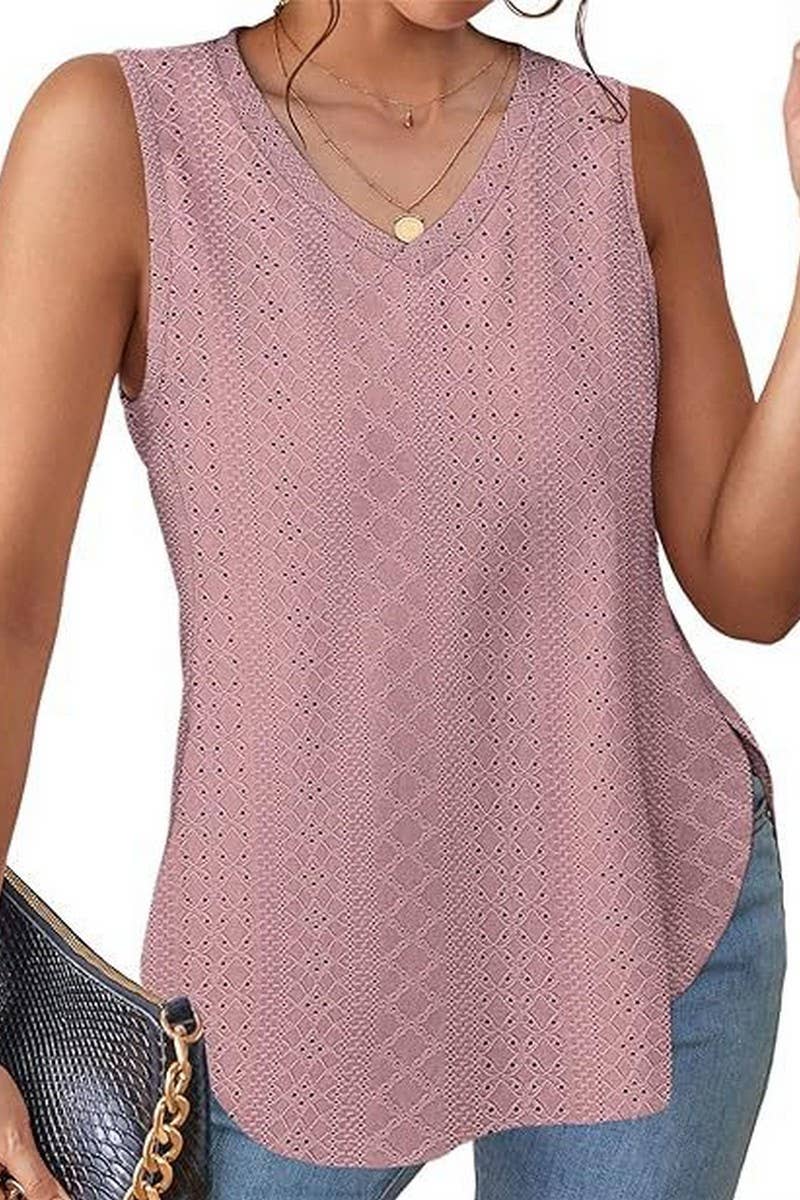 V NECK SLEEVELESS SLIT SOLID COLOR CASUAL SHIRT_CWTSTSL0069