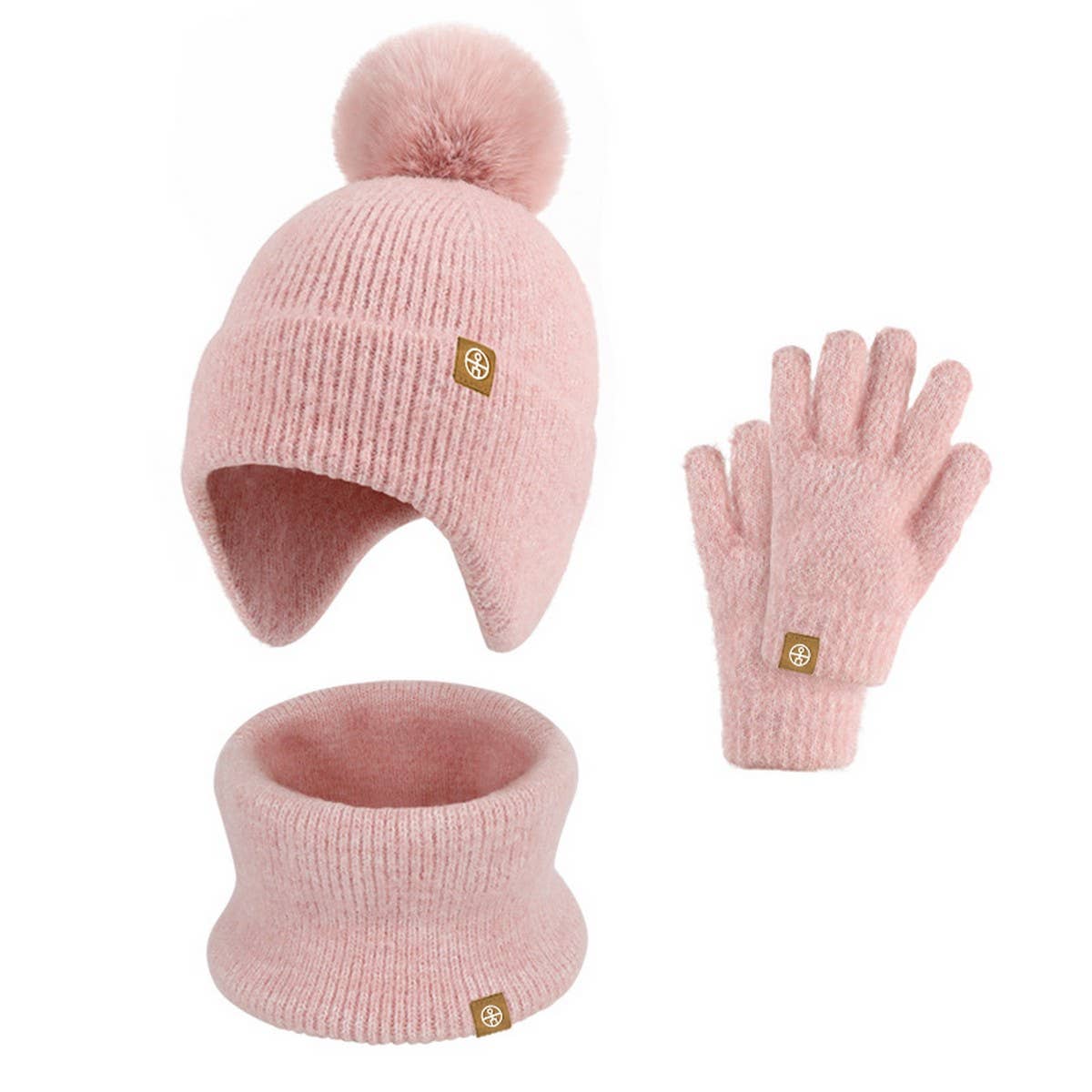 KNITTED POM POM EARMUFF HAT THREE-PIECE SET
